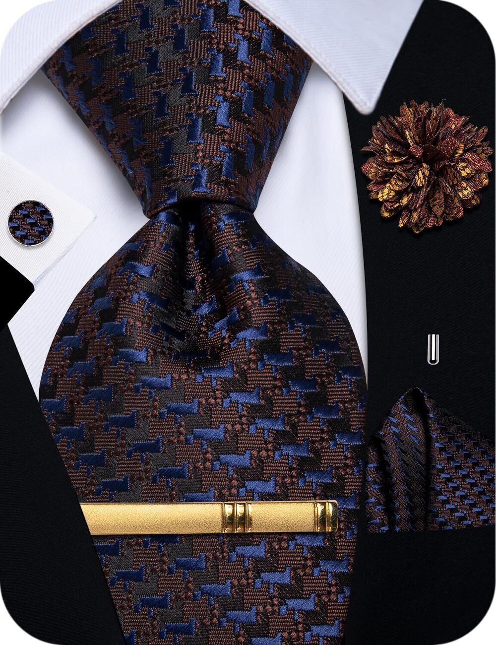 6162 Brown Tie Woven Plaid Silk Ties and Pocket Square Set Formal Business